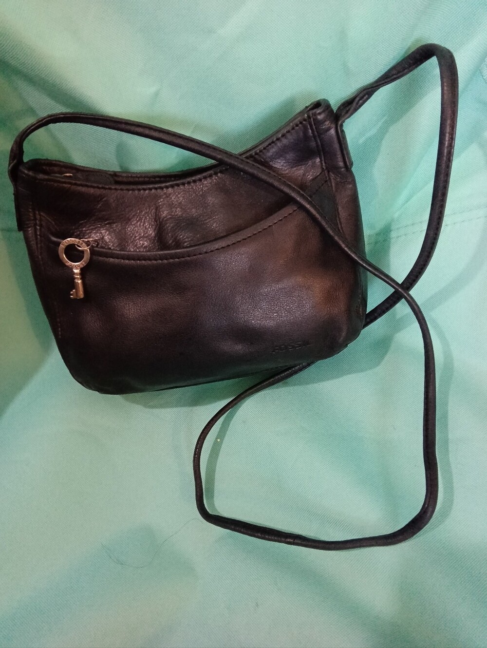 #F7 Fossil Hobo Vintage Black Leather Crossbody Bag w/Baby Fossil Key